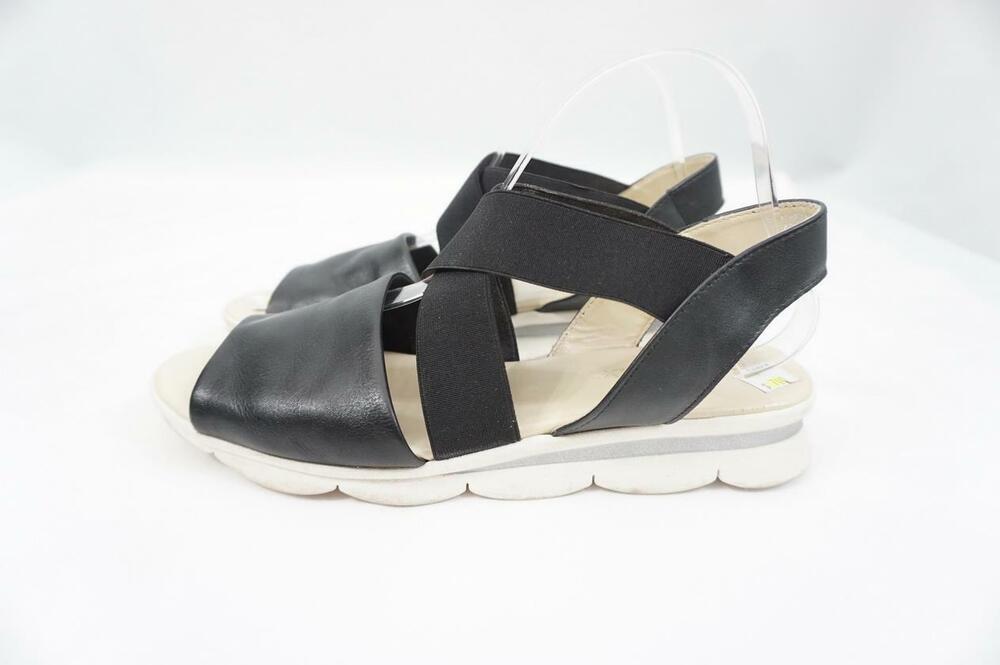THE STUDIO FLEXX 8.5 USED BLACK ELASTIC/LEATHER STRAPPY/ANKLE STRAP SANDALS